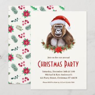 Gorilla in der Weihnachtsmannmütze Poinsettias Wei Einladung