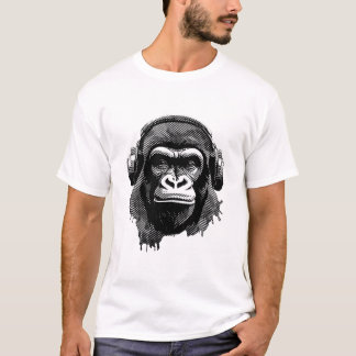 Gorilla mit Kopfhörern schwarz weiß T-Shirt