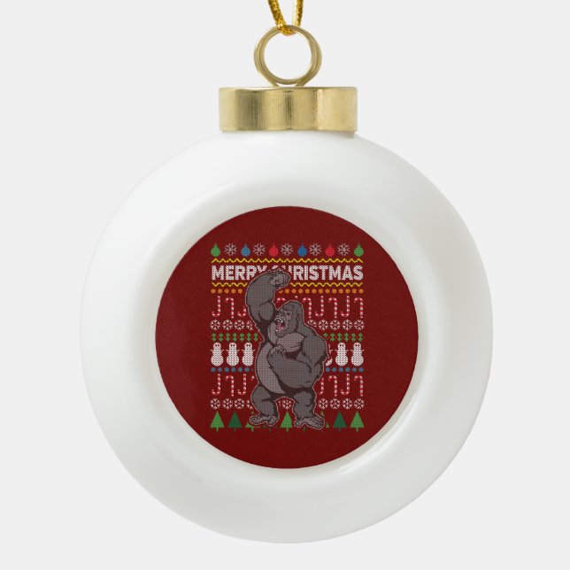 Gorilla Ugly Christmas Sweater Wildlife Series Keramik Kugel-Ornament (Vorderseite)