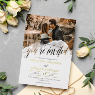 Gossamer Overlay Foto QR Informelle Hochzeit Gold Folieneinladung