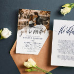 Gossamer Overlay Navy Fonts Photo 2 in 1 Wedding Einladung<br><div class="desc">Informal two in one wedding invitation with you're invited written in beautiful calligraphy across a transparent splash of watercolor decorating your photo. Add your wedding details to the back of the informal photo wedding invite in navy blue text on a white background.</div>