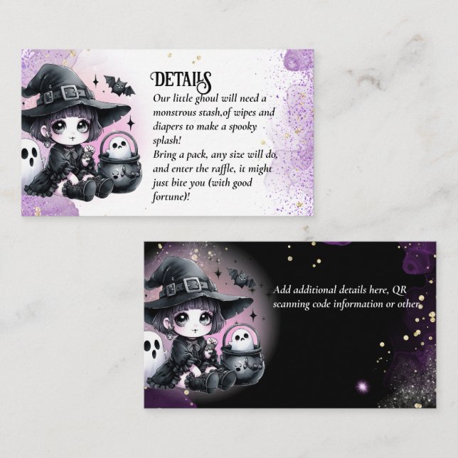Goth Baby Hexendusche Lila Black Diaper Raffle Begleitkarte (Vorne/Hinten)