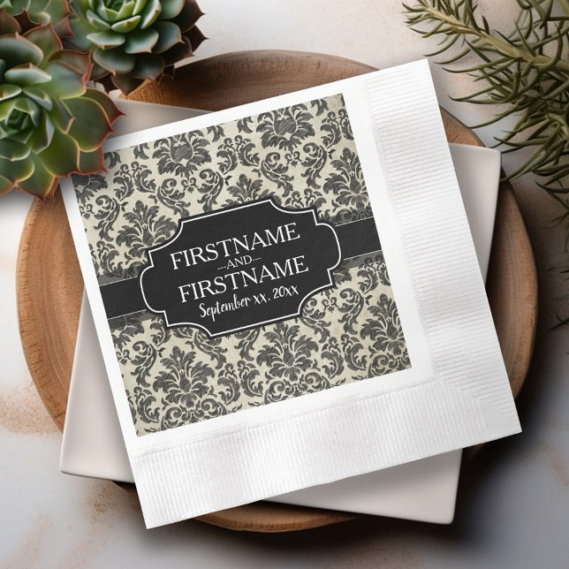 Goth Black Lace and Parchment Hochzeit Jahrestag Serviette (Black Lace Personalized Wedding Napkins)