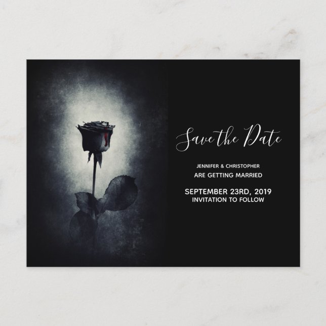 Goth Black Rose Bloody Petal Wedding Save the Date Postkarte (Vorderseite)