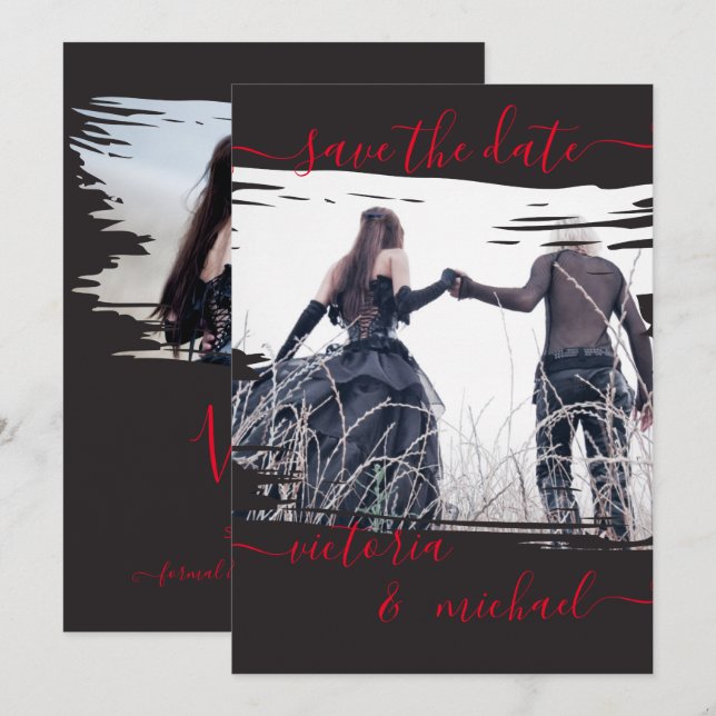 Goth Brush Wedding Foto Save the Date Einladung (Vorne/Hinten)