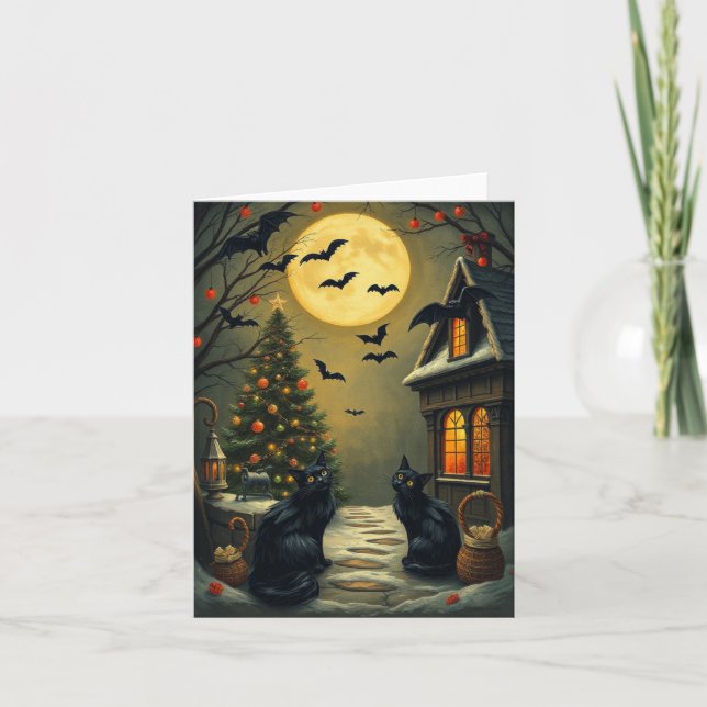 Goth Cat Christmas Feiertagskarte (Vorderseite)