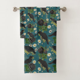 Goth Crows & Black Rose Tief Aquamarines Muster Badhandtuch Set