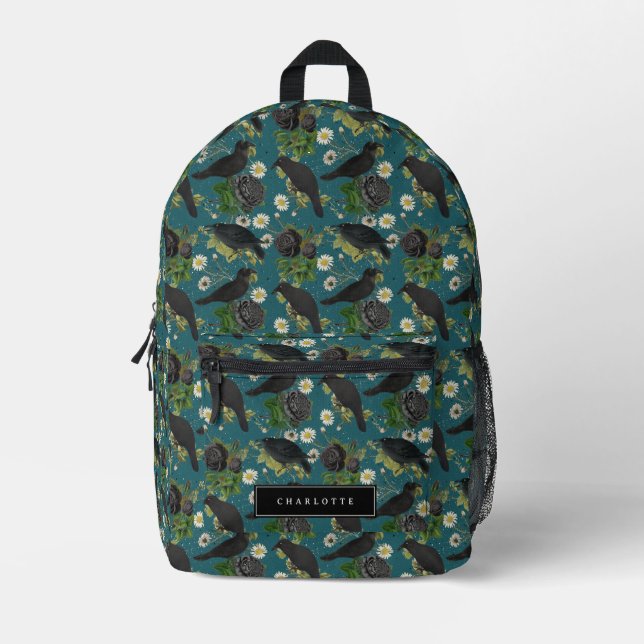 Goth Crows & Black Rose Tief Aquamarines Muster Bedruckter Rucksack (Vorderseite)