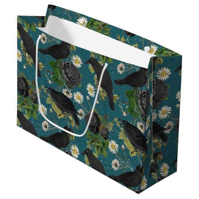Goth Crows & Black Rose Tief Aquamarines Muster Große Geschenktüte (Vorderseite Schrägansicht)