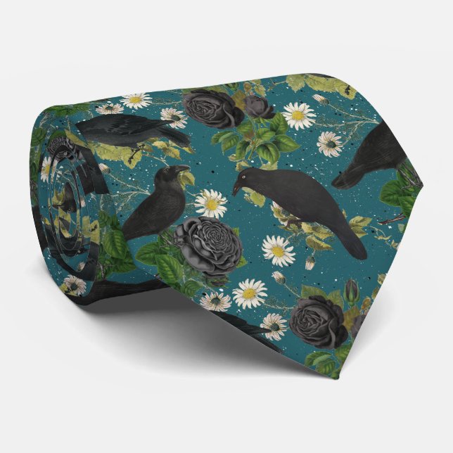 Goth Crows & Black Rose Tief Aquamarines Muster Krawatte (Gerollt)