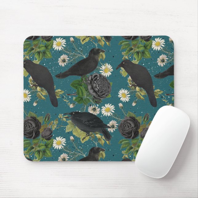 Goth Crows & Black Rose Tief Aquamarines Muster Mousepad (Mit Mouse)