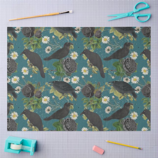Goth Crows & Black Rose Tief Aquamarines Muster Seidenpapier (Basteln)