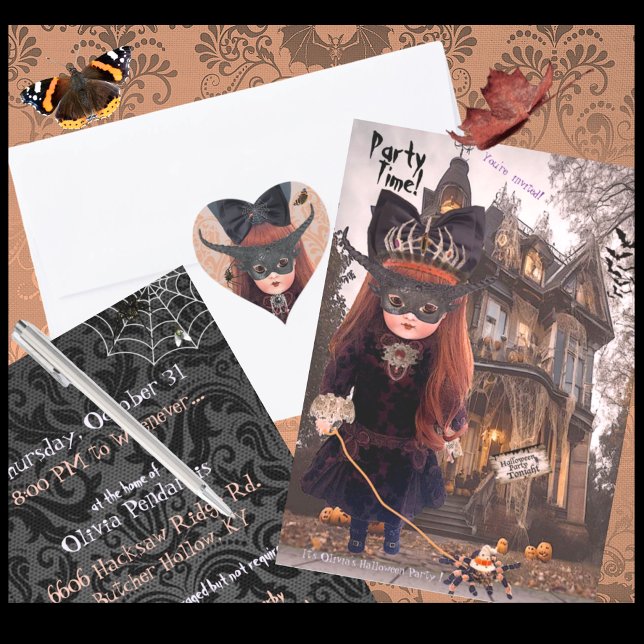 Goth Doll Invitation de la fête d'Halloween (Seal your invitations with matching Stickers!  A Happy Halloween Card in this design also available!)
