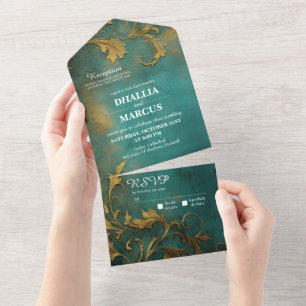 Goth Floral Aquamarin und Gold All In One Einladung