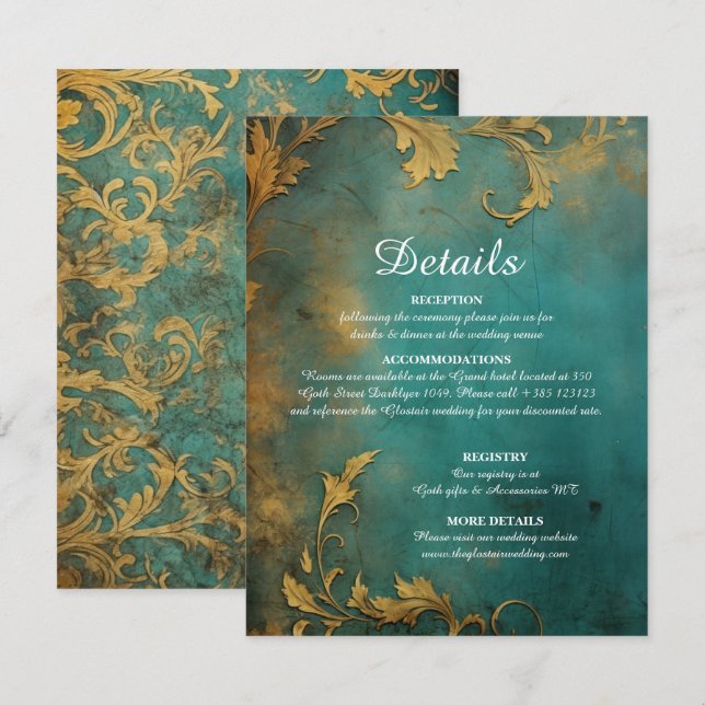 Goth Floral Aquamarin und Gold Begleitkarte (Vorne/Hinten)