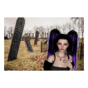 Goth-Girl auf dem Friedhof zu Halloween Poster