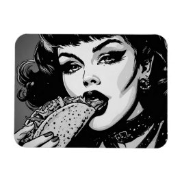 Goth-Girl der 50er BW-Grafikstyle isst einen Taco Magnet