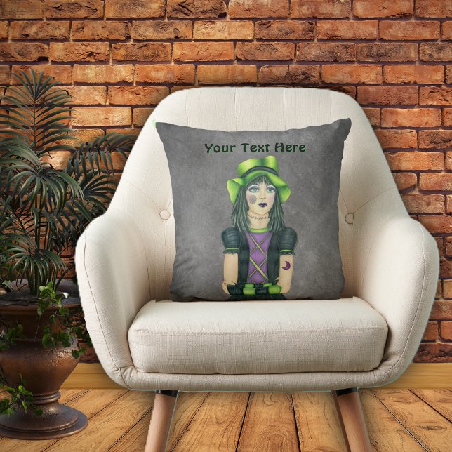 Goth Girl Green Hat Tattoos auf Gray Kissen (PRetty goth girl green hat black dress tattoos on dark grey throw decorative pillow.)