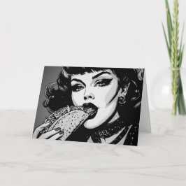 Goth-Girl im Grafikstil der 50er Jahre isst einen Karte