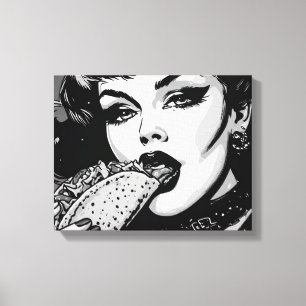 Goth-Girl im Grafikstil der 50er Jahre isst einen Leinwanddruck