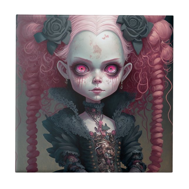 Goth Girl Pink Black Creepy Niedlich Fliese (Vorderseite)