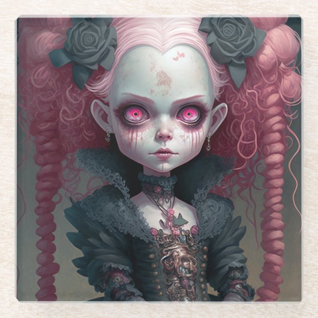 Goth Girl Pink Black Creepy Niedlich Glasuntersetzer (Vorderseite)