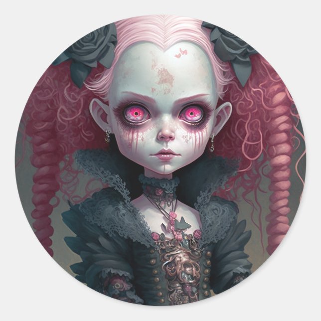 Goth Girl Pink Black Creepy Niedlich Runder Aufkleber (Vorderseite)