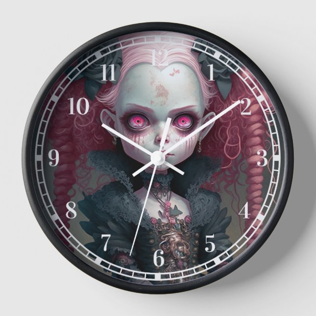 Goth Girl Pink Black Creepy Niedlich Uhr (Vorderseite)