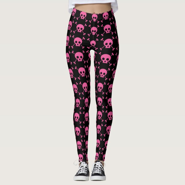 Goth Girl Pink Black Skulls Muster Cool Leggings (Vorderseite)