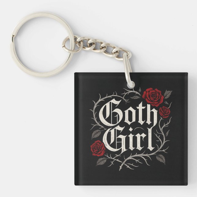Goth Girl Rote Rose Thorns Typografie Blumengotik Schlüsselanhänger (Vorderseite)