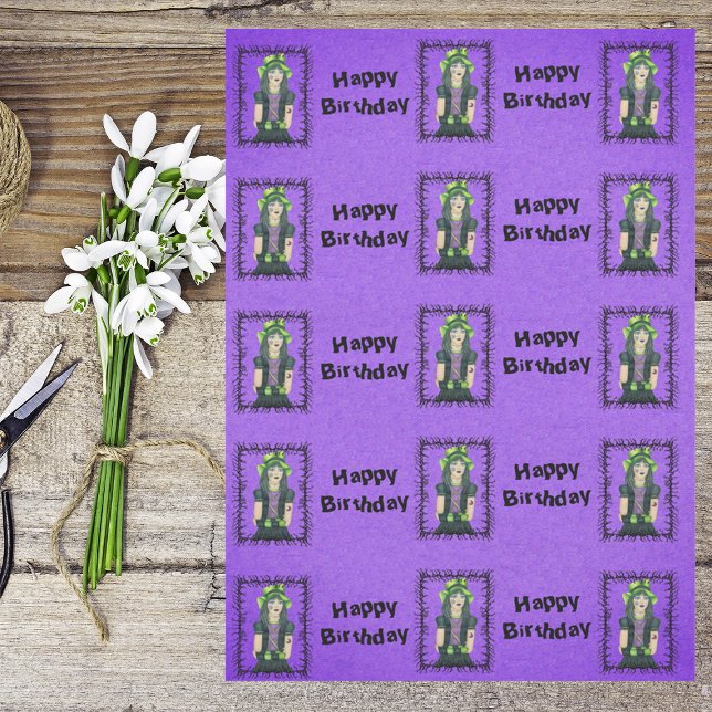 Goth Girl Tattoos Barbed Frame Purple Birthday Seidenpapier (Pretty Goth girl tattoos black barbed branch frame on purple Happy birthday gift wrap tissue paper.)
