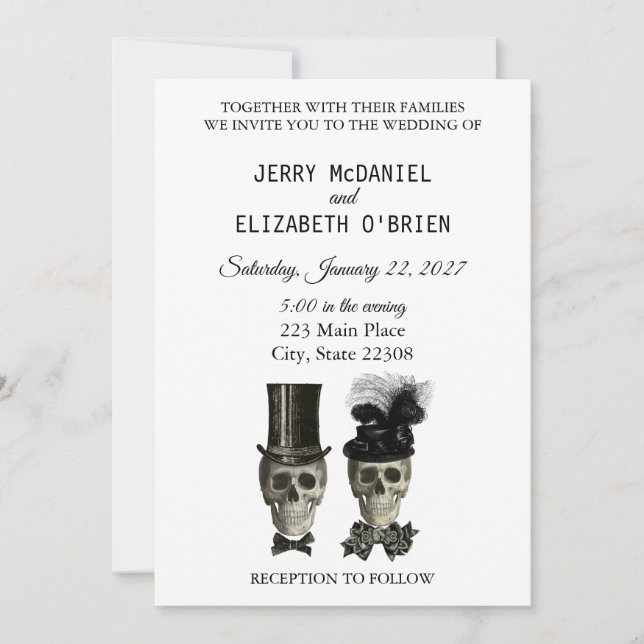 Goth Gothic Bride Groom Skulls Hochzeit Einladung (Vorderseite)