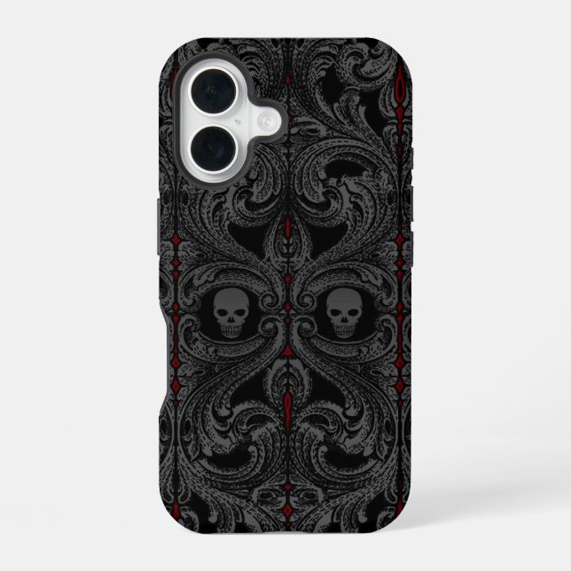 Goth Gray Ornament mit Skull iPhone 16 Hülle (Rückseite)