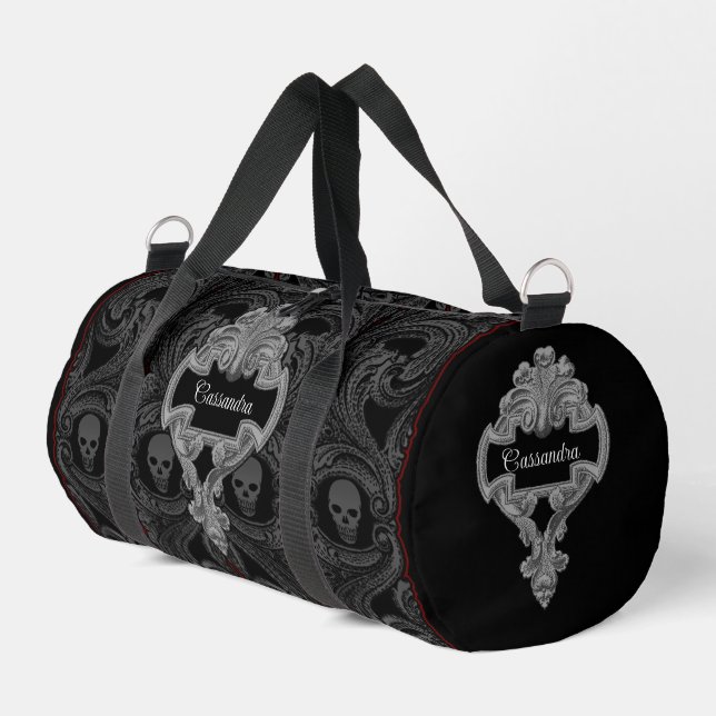 Goth Gray Ornament mit Skull Personalisiert Duffle Bag (Linke Seite)
