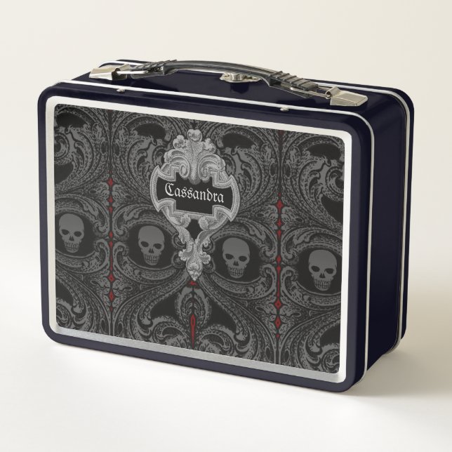 Goth Gray Ornament mit Skull Personalisiert Metall Brotdose (Rückseite)