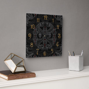 Goth Gray Ornament mit Skull Quadratische Wanduhr