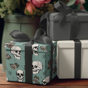 Goth Grün Totenkopf und Blumen Halloween Geschenkpapier
