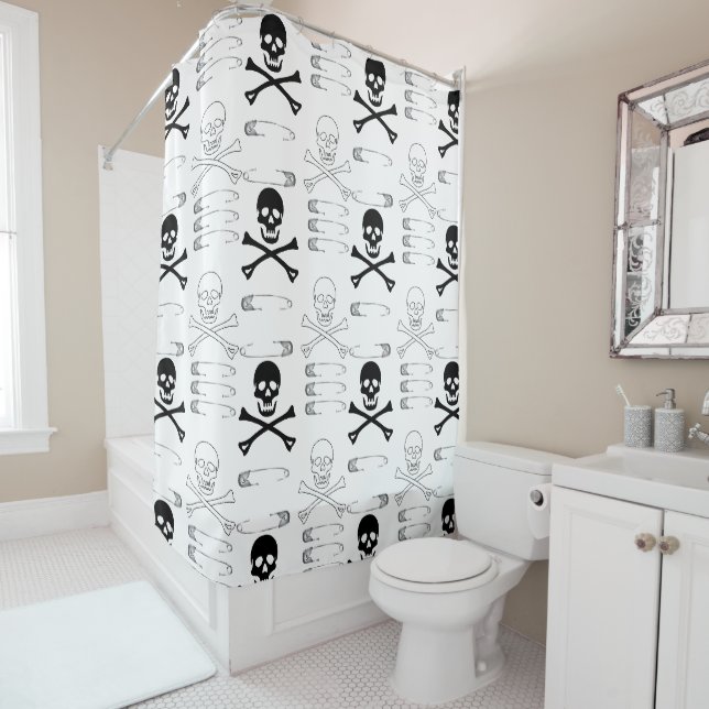 Goth Grunge Skulls Knochen und Buttone zur Sicherh Duschvorhang (Beispiel)