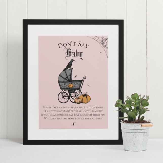 Goth Halloween Say Baby Pink Shower Game Poster (Elegant & Whimsical Gothic Baby Shower Game Poster. Frame Not Included. Hand-Drawn Illustrations.)