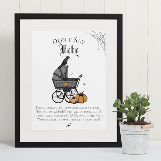 Goth Halloween Say Baby White Shower Game Poster (Elegant & Whimsical Gothic Baby Shower Game Poster. Frame Not Included. Hand-Drawn Illustrations.)