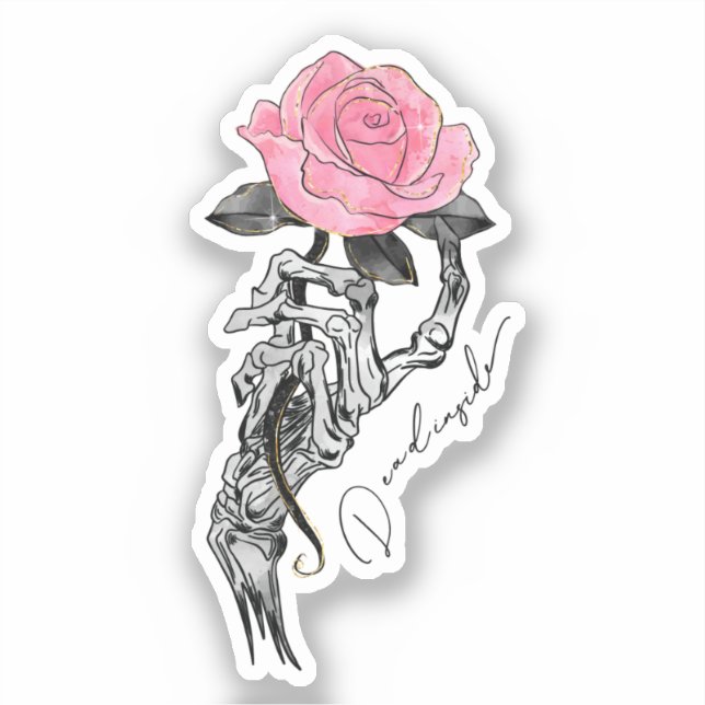 Goth Hand Skelett mit rosa Rose | Toter Innen Aufkleber (Vorderseite)