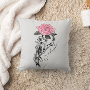 Goth Hand Skelett mit rosa Rose   Toter Innen Kissen