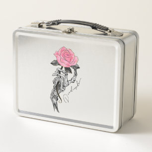 Goth Hand Skelett mit rosa Rose   Toter Innen Metall Brotdose