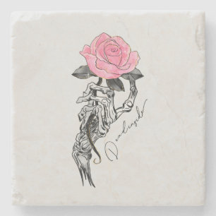 Goth Hand Skelett mit rosa Rose   Toter Innen Steinuntersetzer