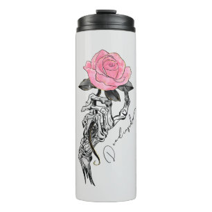 Goth Hand Skelett mit rosa Rose   Toter Innen Thermosbecher