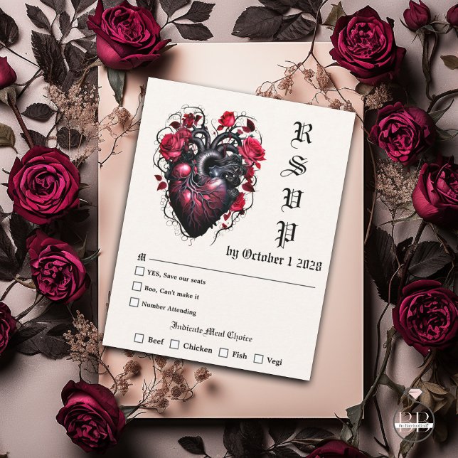 Goth Heart and Rose Crimson Cherry RSVP Karte (Von Creator hochgeladen)