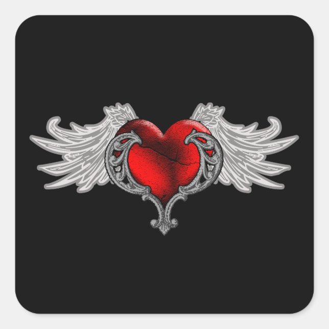 Goth Heart mit Angel Wings Quadratischer Aufkleber (Vorderseite)