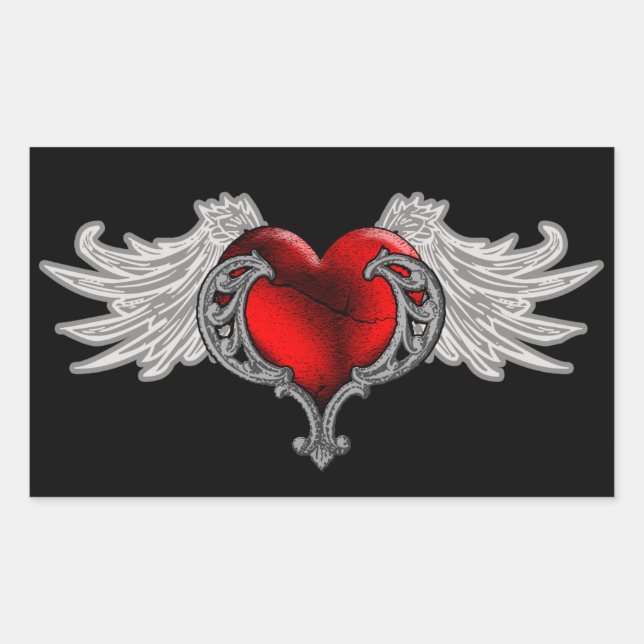 Goth Heart mit Angel Wings Rechteckiger Aufkleber (Vorderseite)