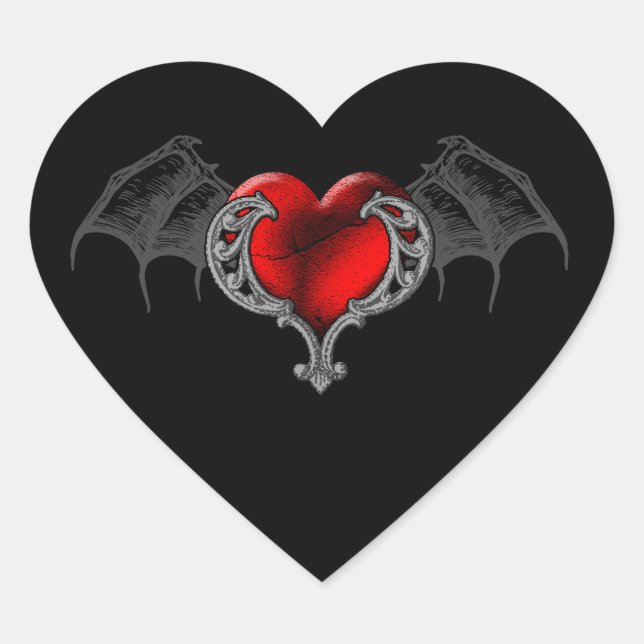 Goth Heart mit Bat Wings Sticker (Vorderseite)