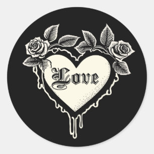 Goth Heart mit Rose und Tropfen Runder Aufkleber